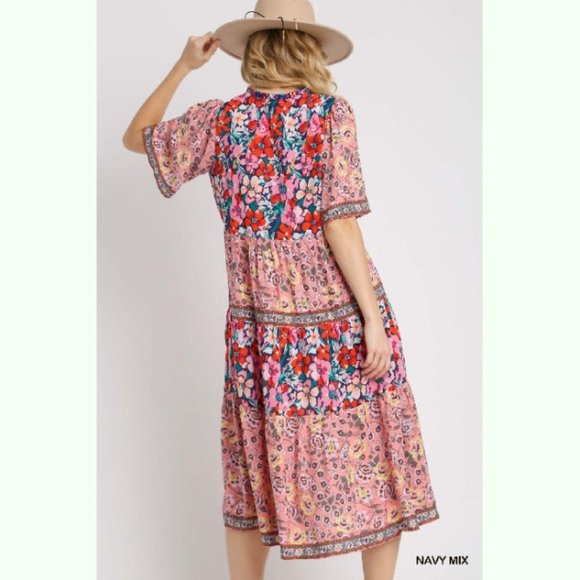 Bohemian Floral Print Maxi Dress - Sizes S/M/L - Navy Multicolor - Picture 3 of 7